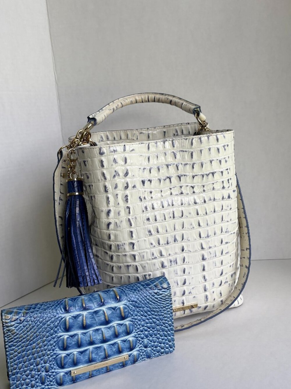 BRAHMIN Genuine Leather Melbourne Croc-Embossed Handbag, Blue & Ivory/White, Mat